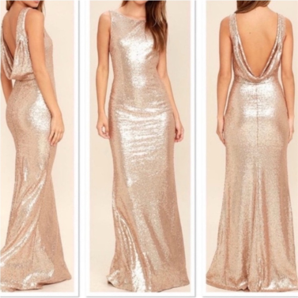 Lulu's Rose Gold Sequin Cowl-Back Maxi Dress